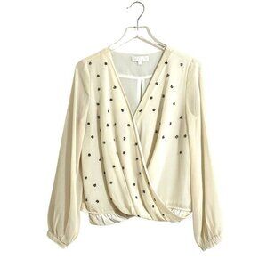 MM Couture Beaded Chiffon Double Breasted Faux Wrap Ivory Blouse Sz M NEW